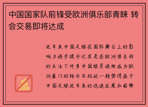 中国国家队前锋受欧洲俱乐部青睐 转会交易即将达成