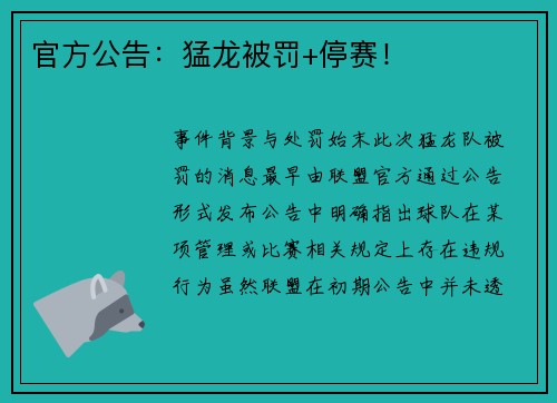 官方公告：猛龙被罚+停赛！